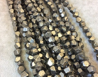6mm Faceted Nugget/Chunk Shape Natural Metallic Pyrite Beads with 1mm Holes - 15.5" Strand (Approx. 65 Beads) - Semi-Precious Gemstone Beads