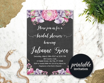 Purple Floral Bridal Shower Invitation Pink Bridal Shower Invites, Chalkboard Boho Bridal Invitation Printable Wedding shower invitation
