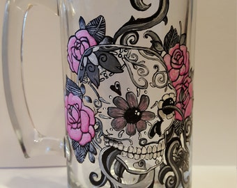 Skull Mug, Sugar Skull, Hand Painted Beer Mug, Dia De Los Muertos, Sugar Skull Gifts, Day Of The Dead, Sugar Skulls, 21st Birthday