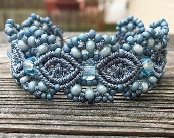 SALE Micro-Macrame Beaded Cuff Bracelet - Powder Blue