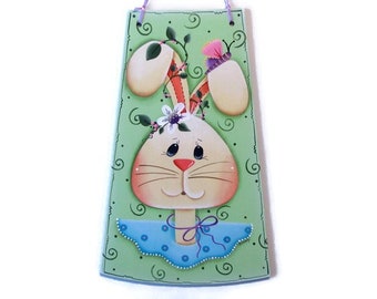 Spring Bunny Wall Art, Handpainted Wood Sign, Hand Painted Easter Spring Home Decor, Tole Decorative Painting, B6