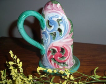 Vintage Pottery Candle Holder Handle Green from Italy