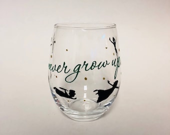 Never Grow Up Peter Pan stemless wine glass or tumbler with straw