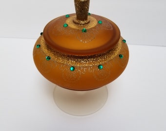 Jeweled Gold Satin Glass Apothecary Candy Display Jar Mid Century Modern