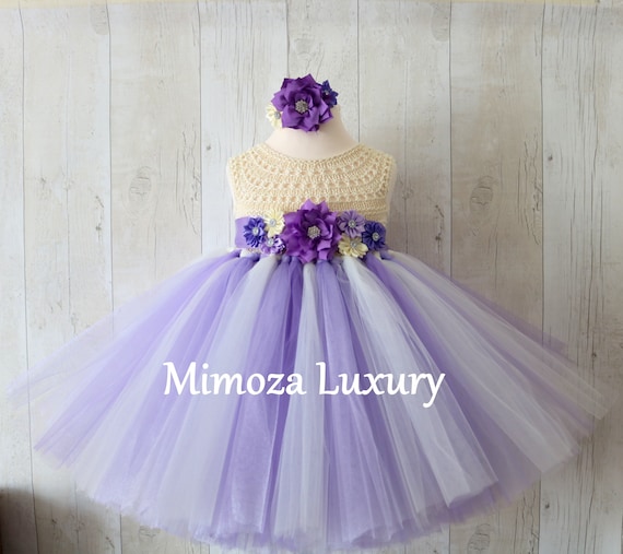 Cream Lavender Flower girl dress, tutu dress bridesmaid dress, princess dress, crochet top tulle dress, knit top tutu dress lavender lilac