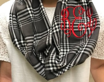 Monogram scarf/flannel scarf/black gray and white plaid infinity scarf/Flannel scarf/ infinity scarf/ Women's Scarves/Gifts under 25