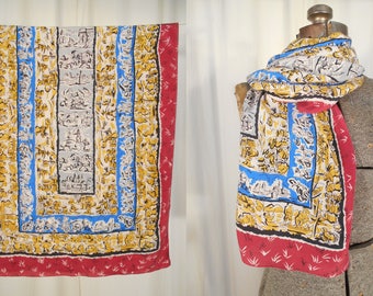 Vintage 1930s Scarf - 30s Long Silk Scarf, Novelty Print Art Deco Neck Scarf
