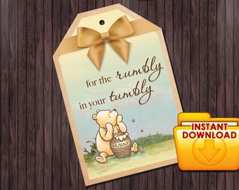 Classic Winnie the Pooh Baby Shower #2 printable tag for the rumbly in your tumbly