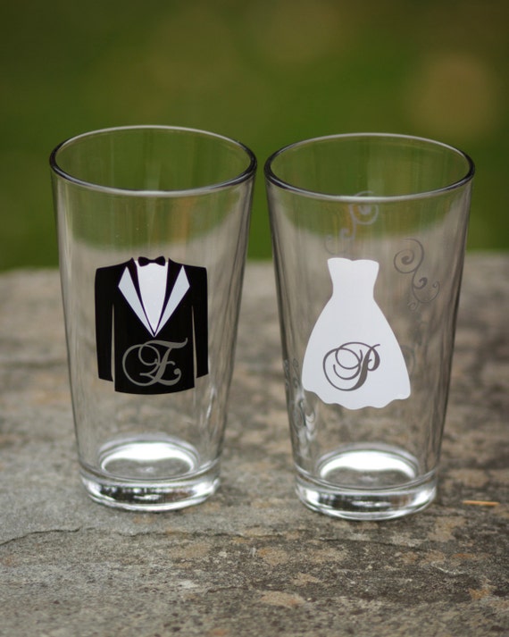 2 Personalized Bride and Groom pint glasses engagement shower