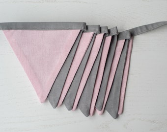 Pink grey fabric bunting flags , linen fabric nursery garland , Baby shower pink bunting banner , Wedding bunting banner