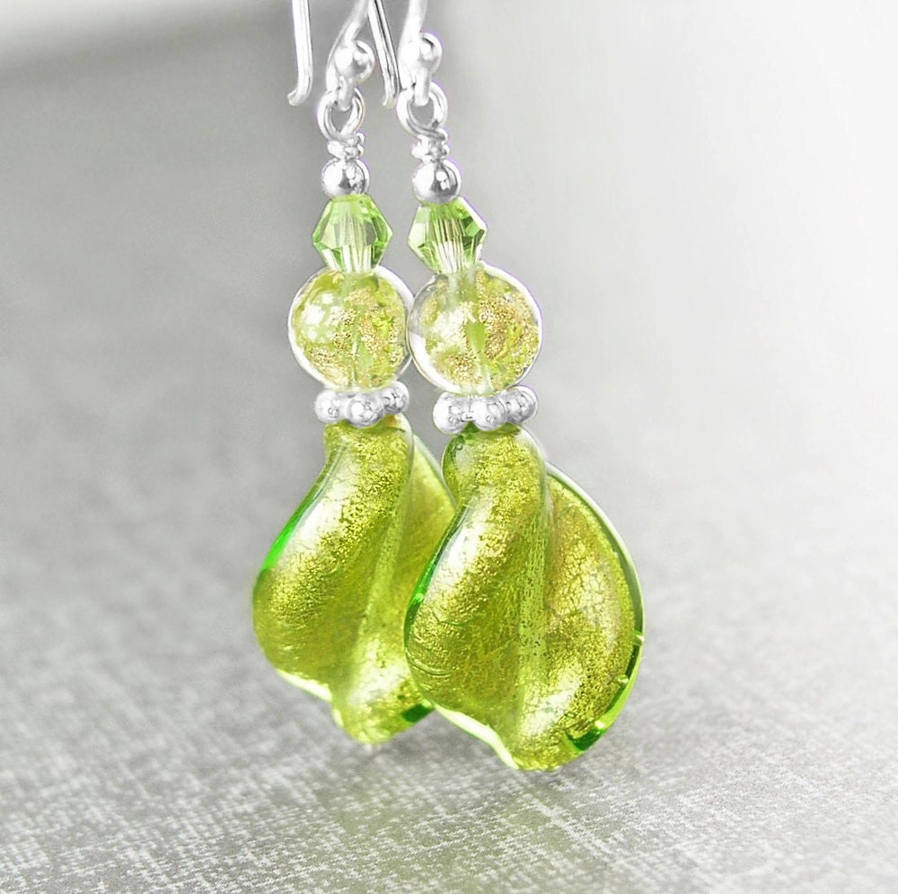 Green Murano Glass Earrings Sterling Silver Earrings Peridot