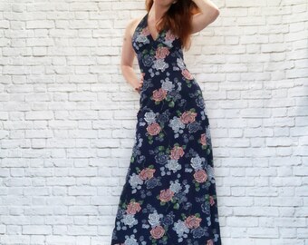 Vintage 70s Floral Sketch Print Halter Maxi Dress Navy S