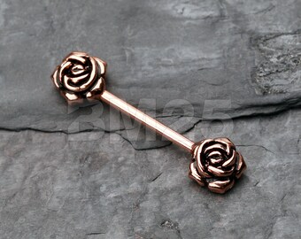 A Pair of Rose Gold Vintage Rose Flower Nipple Barbell Ring