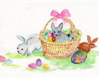 Bunnies Watercolor Painting Original, eggs artwork 5 x 7 watercolor rabbits paintings