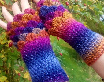 Crocodile Stitch Dragon Stitches Rainbow Sparkle Gloves Wrist Warmers.