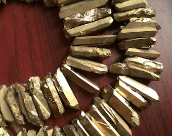 Rough Titanium Crystal Points, Quartz Sticks, Spikes, Golden Rainbow Metalic Quartz Beads, Gold Crystal Daggers, Quartz Spike Beads 1A7B8
