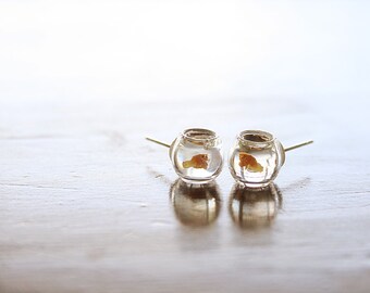 Yellow Goldfish in a bowl pet earrings