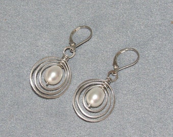 Sterling Silver Earrings, Pearl Drops, Hand Hammered and Formed