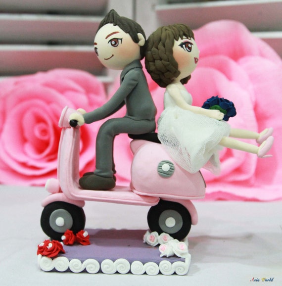 Wedding Cake topper Pink Vespa wedding clay couple wedding