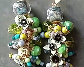 Little Green Flowers on a Vine with beady foliage...Fresh Earrings from Wendy Baker