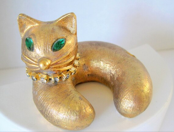 Gold Kitty Rhinestone Lid, Top for Vanity Jar, Green Rhinestone Eyes, Cat Decor