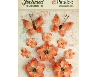 Delicate Burlap Flowers & Butterflies, Petaloo Textured Elements, 10 pack - Apricot/Orange