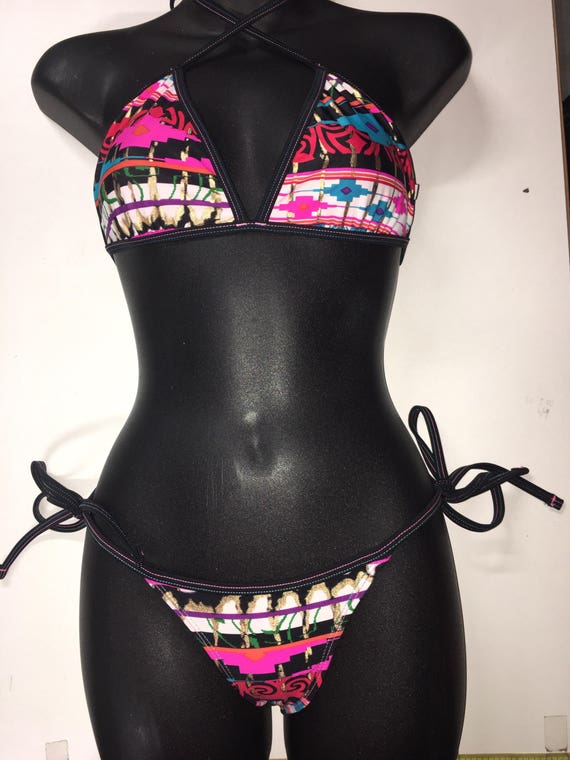 75%OFFSALE *** MissManeater AZTEC thin bind fixed triangle bikini top with thin bind tie side boutique bikini pant ***SUPER low rise!