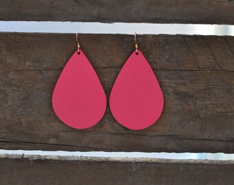 Leather Teardrop Earrings, Pink Yarrow Earrings, Statement Earrings, Drop Earrings