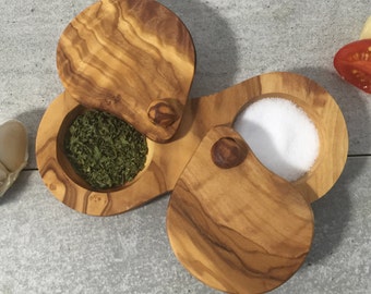 Salt & Pepper Server Set from Olive Wood ,Spice Pot Caddy , Salt Cellar. Spice box, Handmade, Massive Olive Wood, Gift idea.