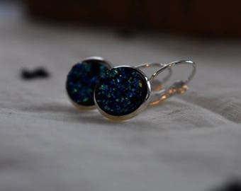 Blue Druzy Dangle Earrings, 12 mm