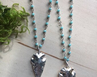 Silver Arrowhead necklace, silver arrowhead necklace, rosary necklace, Silver