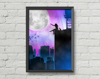 The moon,The girl and the city,Moon,girl,city,night,stars,landscape,art,artwork,new york,CHRISTMAS