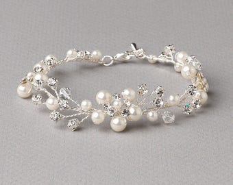 Floral Pearl Bracelet, Pearl Wedding Bracelet, Silver Bracelet, Bridal Jewelry, Swarovski Crystal Bracelet, Pearl Wedding Accessory ~JB-4827