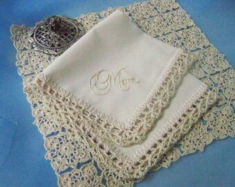 Gift for Mom, Mom Handkerchief, Hanky, Hankie, Hand Crochet, Lace, Beige, Mother, Mother of the Bride, Mother of the Groom, Ready to ship