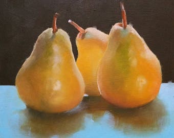 Original small oil painting of pears, fruit painting