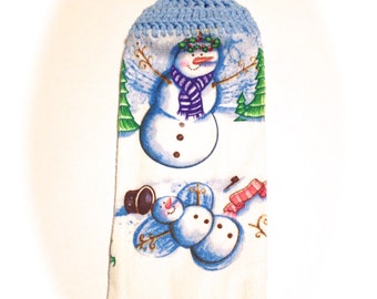 Snowman Snow Angel Christmas Hand Towel With Light Blue Crocheted Top