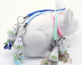 Kawaii Cute Charm - White Rabbit Porcelain Bead - Aqua Blue, Pale Pink or Deep Blue Czech Glass Petals - Beaded Lanyard or Dust Plug Charm