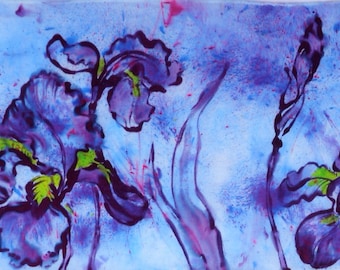 silk scarf hand painted Purple Iris unique wearable art women lavender bold floral luxury