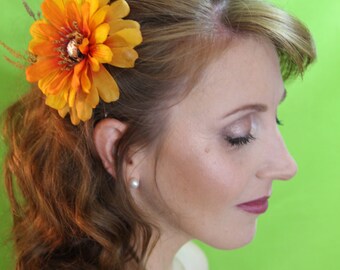 Burnt Orange and Yellow Flower with Blush Center Stone and Wheat Spray Clip "Piper"