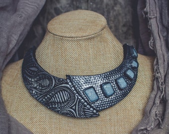 Аsymmetrical Statement necklace large Bib necklace elegant necklace Blue and silver necklace polymer clay necklace biomechanic necklace