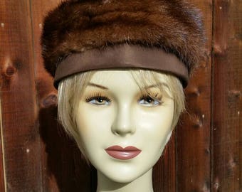 Vintage 50s, 60s Mink Pill Box Hat, Brown, Shirley Blair