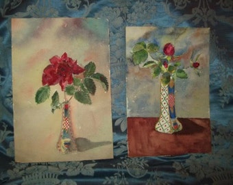2 old small watercolor paintings depicting roses