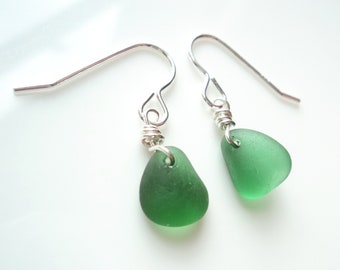 Seaham Sea Glass hook earrings of Bright Green drops suspended from Sterling Silver hooks - E1787 - from Seaham, UK