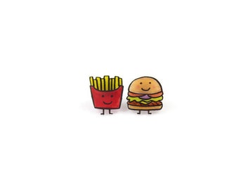 Burger and Fries Earrings, Shrink Plastic, Surgical Steel Posts, Girls Earrings