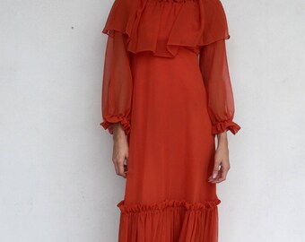 Beautiful 70s flowy orange sheer long sleeve maxi dress