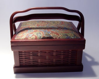 Basket Weave Wooden Sewing Box Jewelry Box Two Handles Maroon Blue Paisley Print Lid Lift Out Tray Drawer