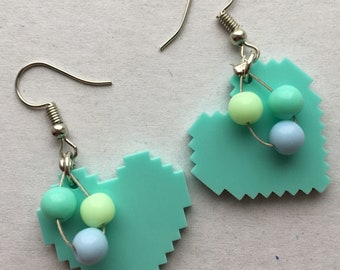Pixel heart earrings - green heart earrings - heart bead earrings - beaded heart earrings - peppermint heart earrings - acrylic heart charms