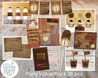 Adventurer/Treasure Hunter/Archaeologist Party Printables Value Pack, 28 pcs - Brown and Gold - Instant Download - NOT Editable - Kids Party
