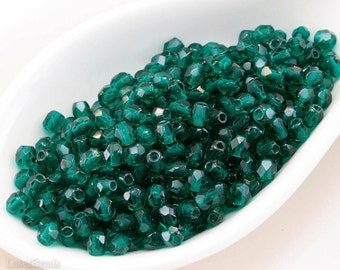 Teal Fire Polished Beads, 4mm Round Glass Faceted (50) Czech Glass