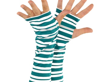 Arm Warmers in Teal Green and White Stripes - Fingerless Gloves - Sleeves